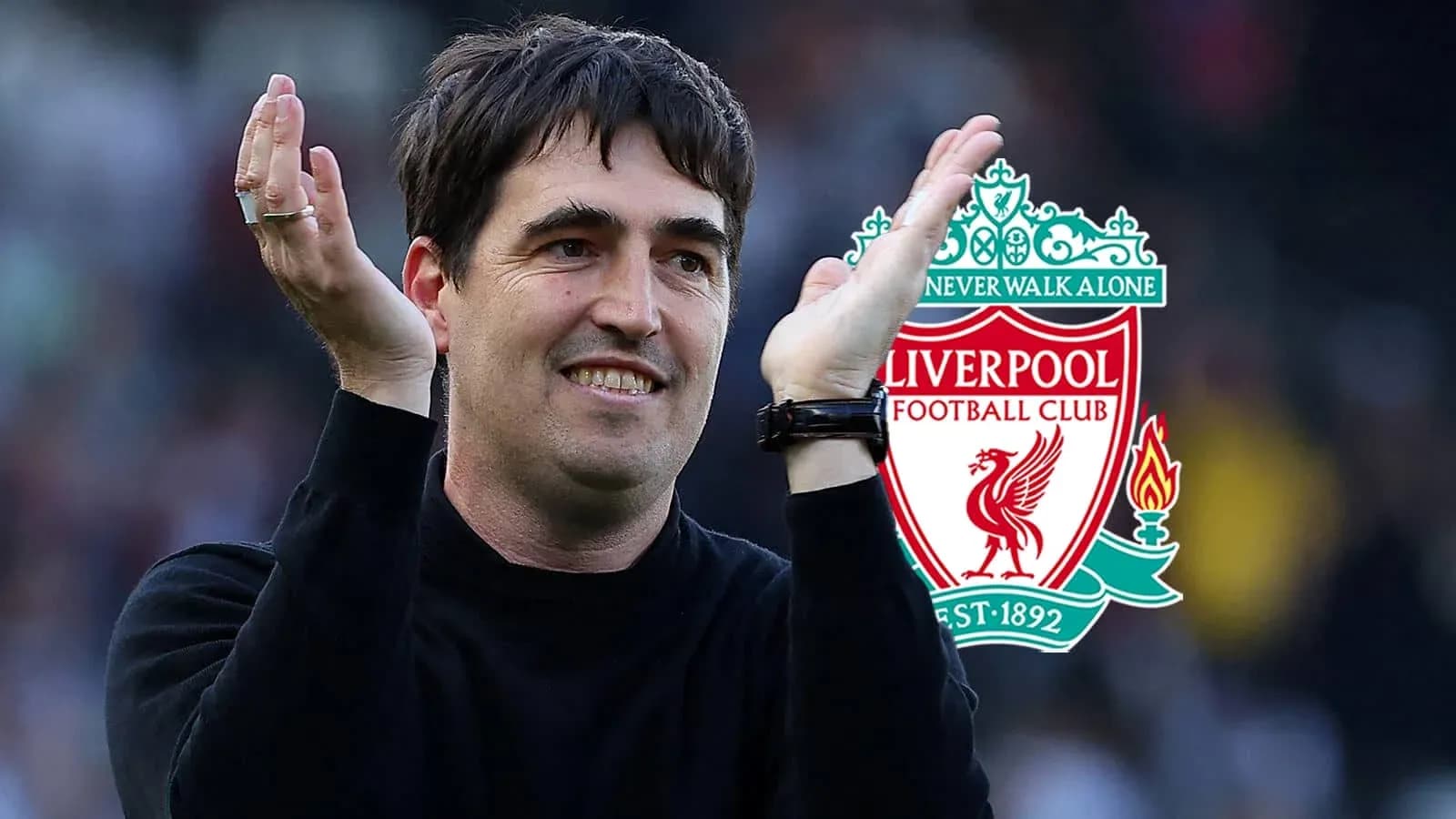 Men's football coach applauding with Liverpool logo Men's football coach applauding with Liverpool logo