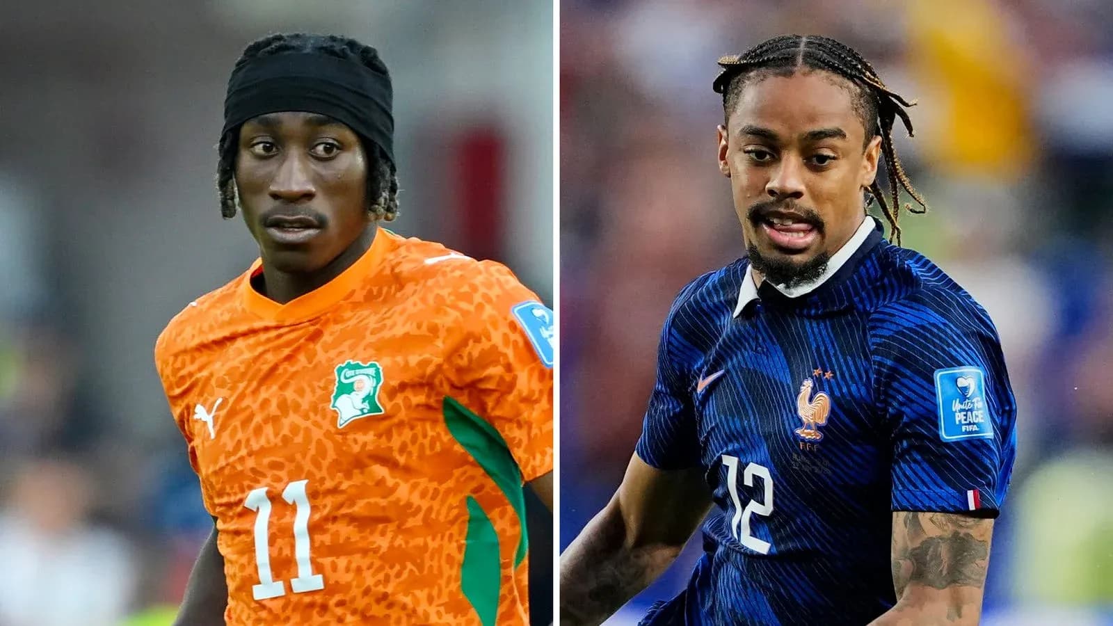 Two football players in national team jerseys Two football players in national team jerseys