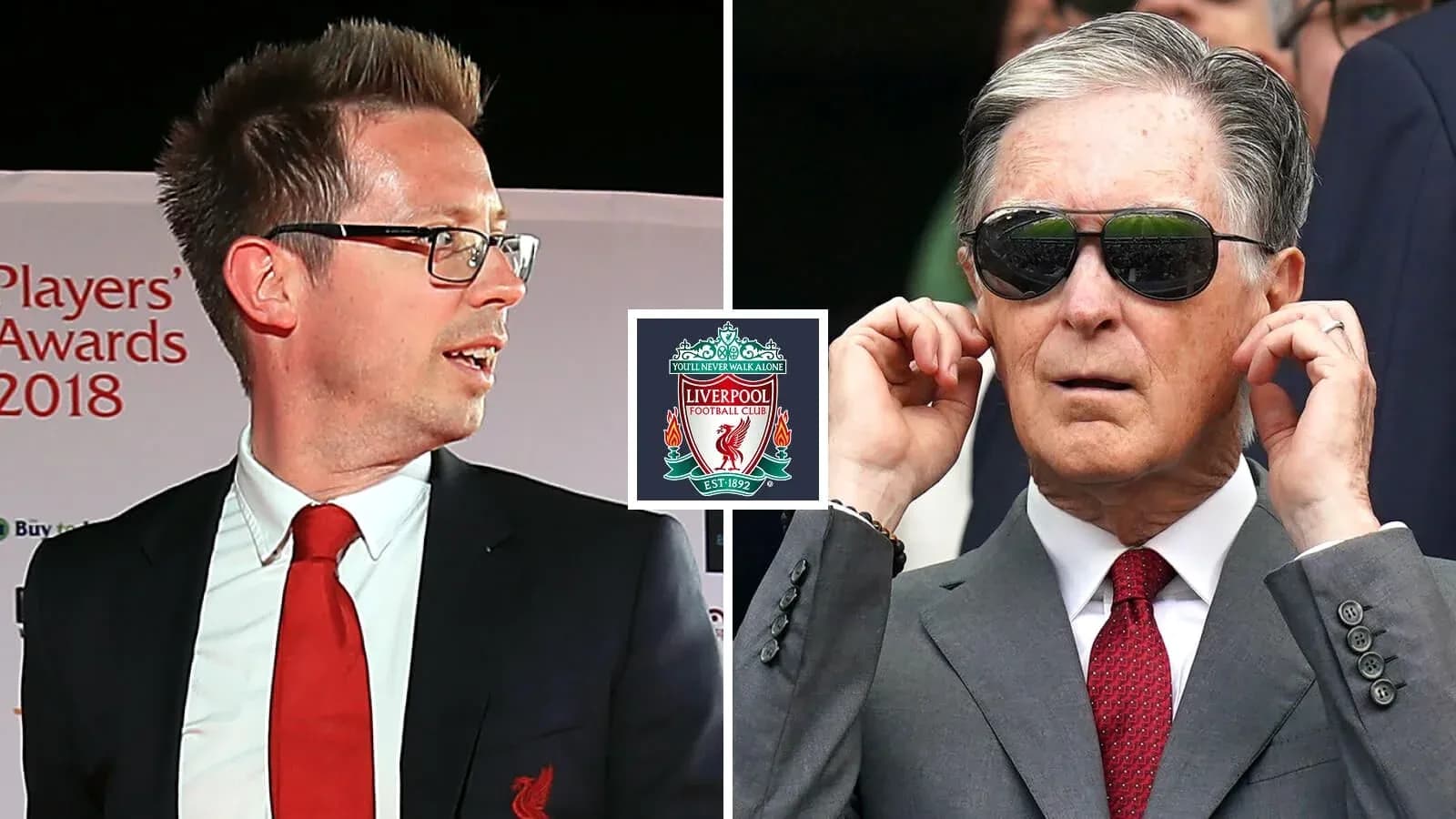 Two individuals at Liverpool FC event backdrop Two individuals at Liverpool FC event backdrop