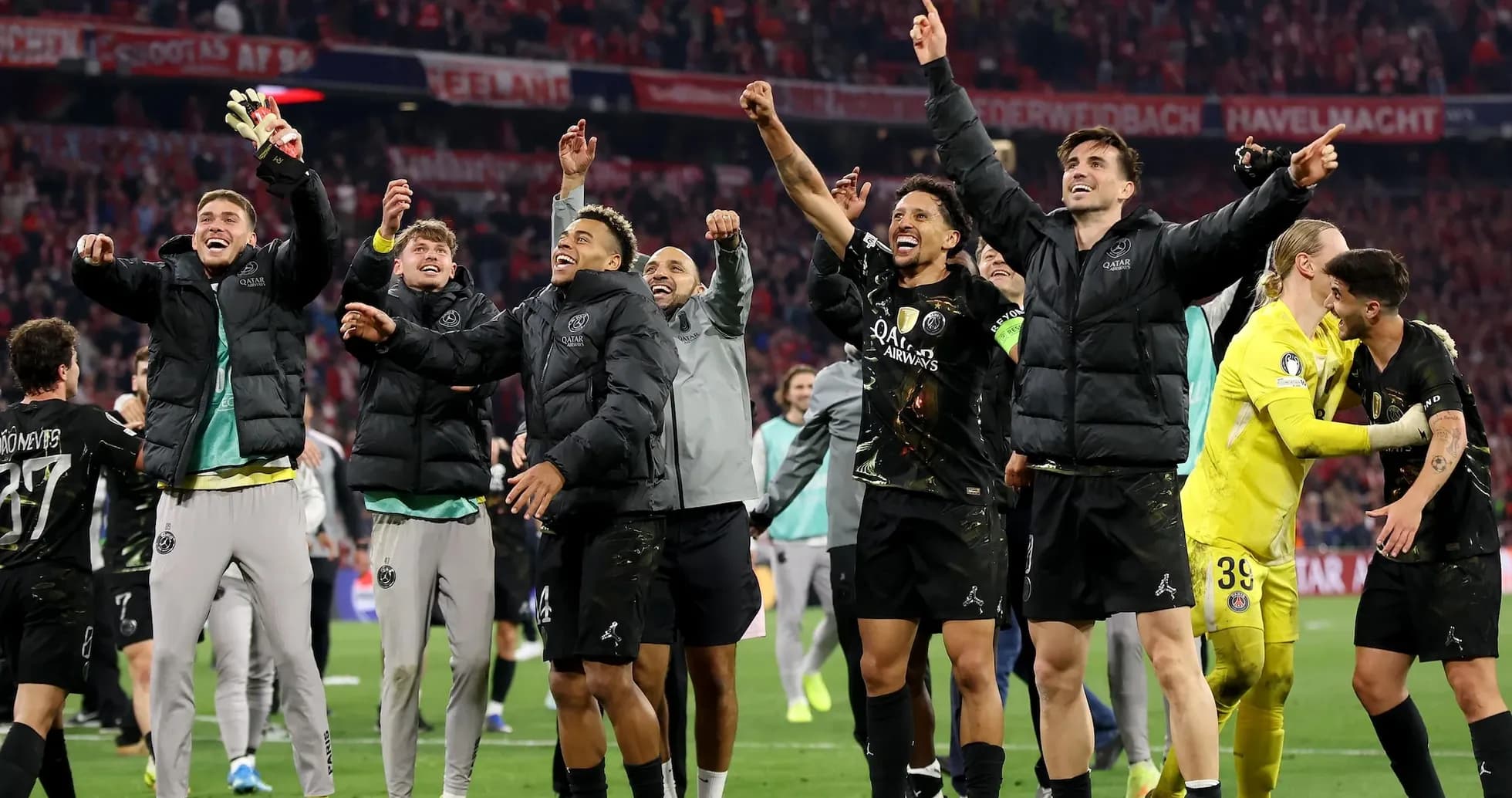 PSG players celebrating victory on the field PSG players celebrating victory on the field