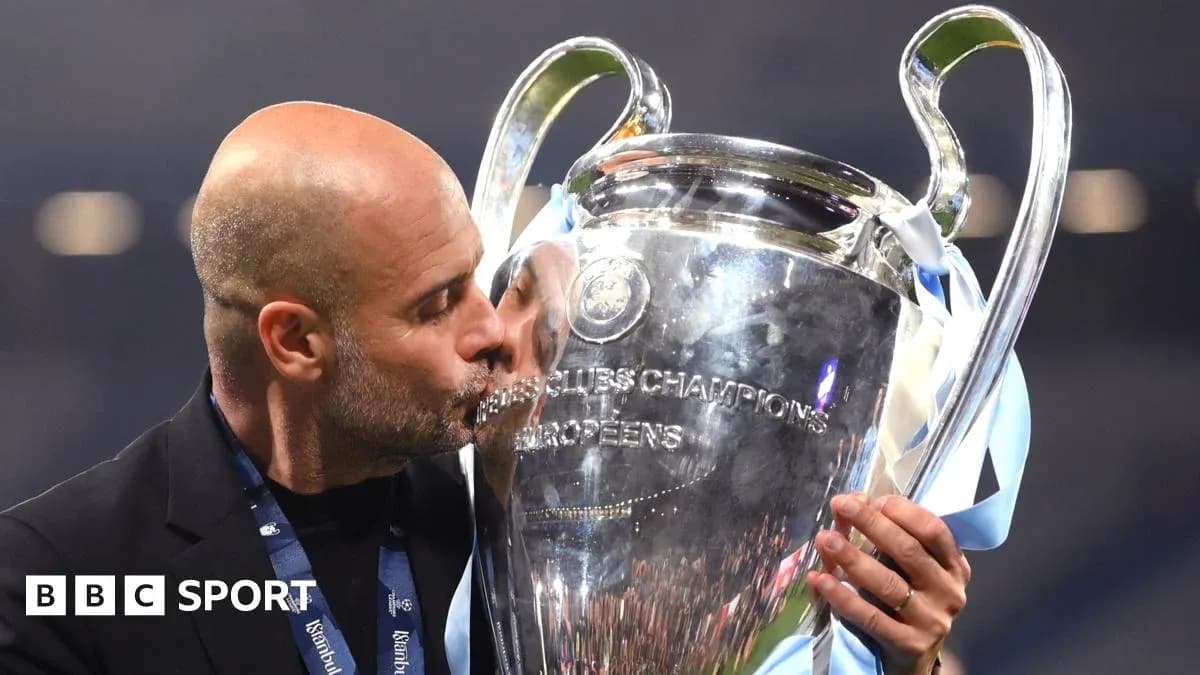 Men's football coach kissing UEFA Champions League trophy Men's football coach kissing UEFA Champions League trophy