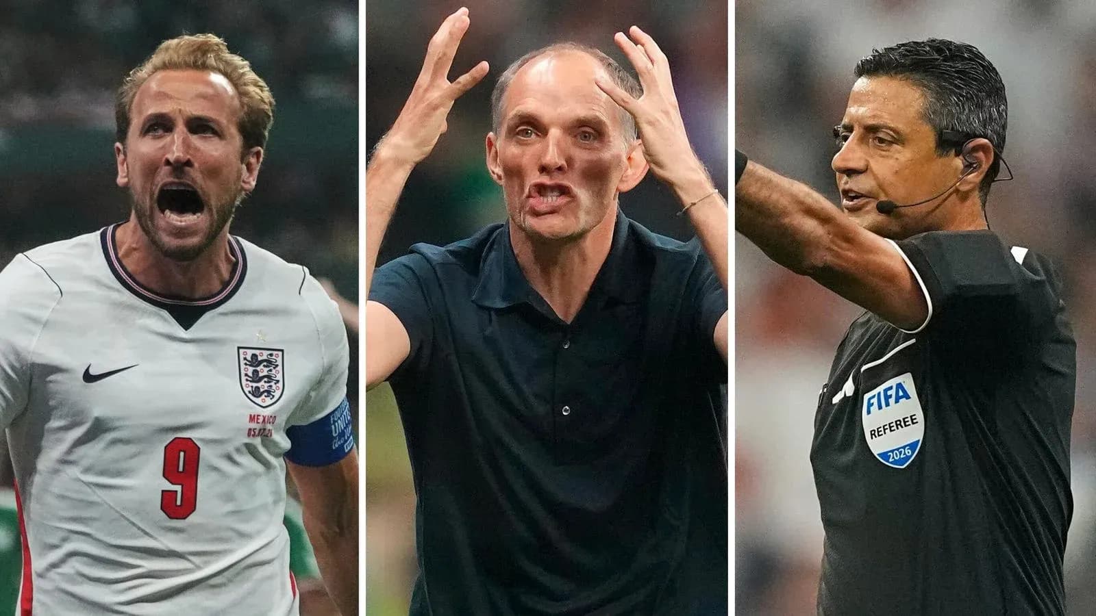 Harry Kane celebrating, Thomas Tuchel coaching, referee signaling Harry Kane celebrating, Thomas Tuchel coaching, referee signaling