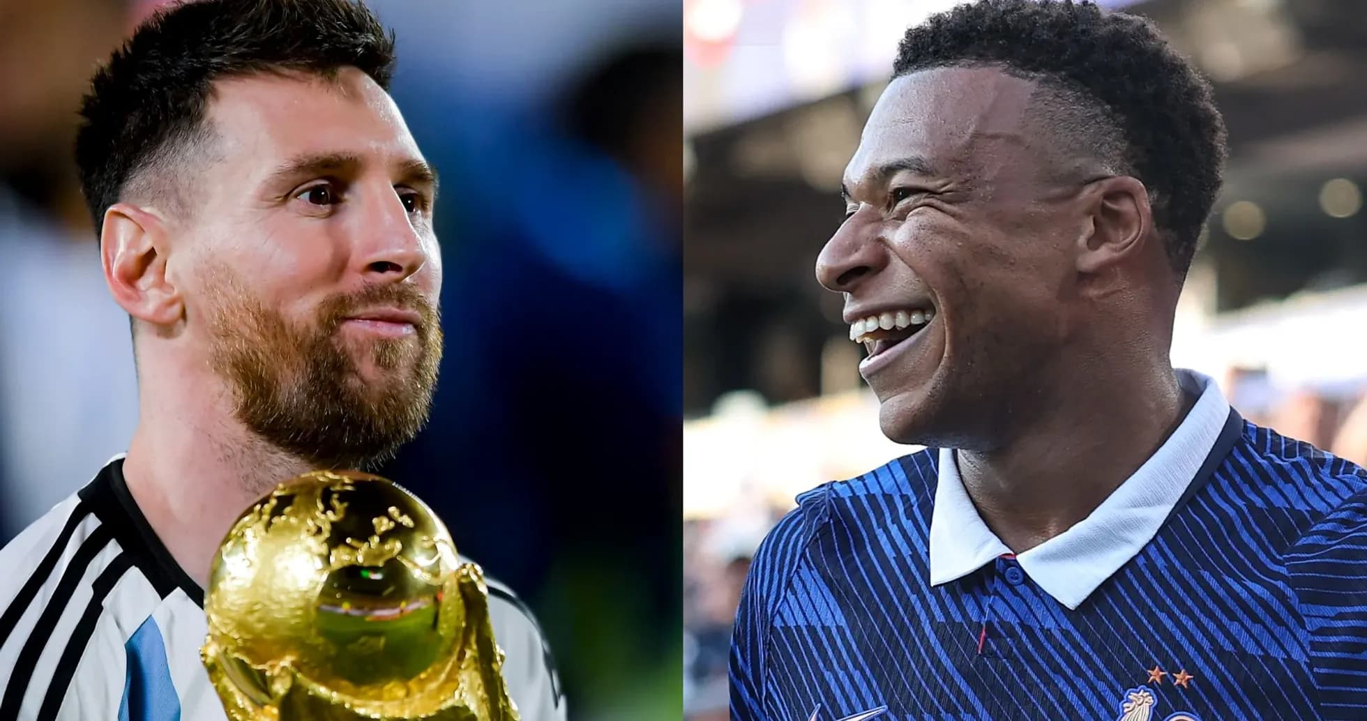 Messi holding World Cup trophy, Mbappe smiling Messi holding World Cup trophy, Mbappe smiling