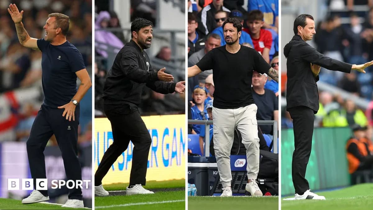 Four football managers giving instructions during match Four football managers giving instructions during match