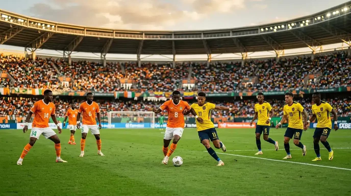 İvori Sahili və Ekvador futbolçuları mübarizə aparır İvori Sahili və Ekvador futbolçuları mübarizə aparır