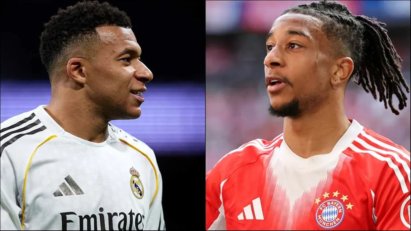 Kylian Mbappé and player from Bayern Munich side by side Kylian Mbappé and player from Bayern Munich side by side