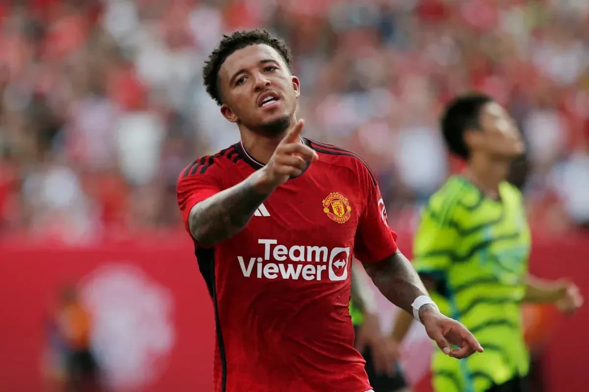 Jadon Sancho celebrating in Manchester United jersey Jadon Sancho celebrating in Manchester United jersey