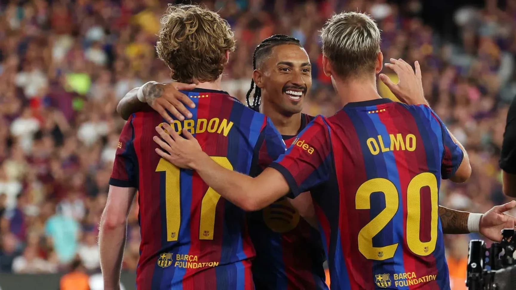 Barcelona players celebrating a goal together Barcelona players celebrating a goal together