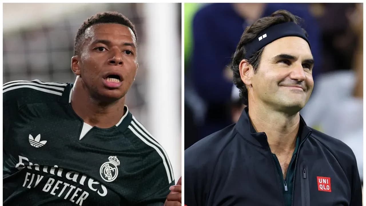 Kylian Mbappé in football kit and Roger Federer smiling Kylian Mbappé in football kit and Roger Federer smiling