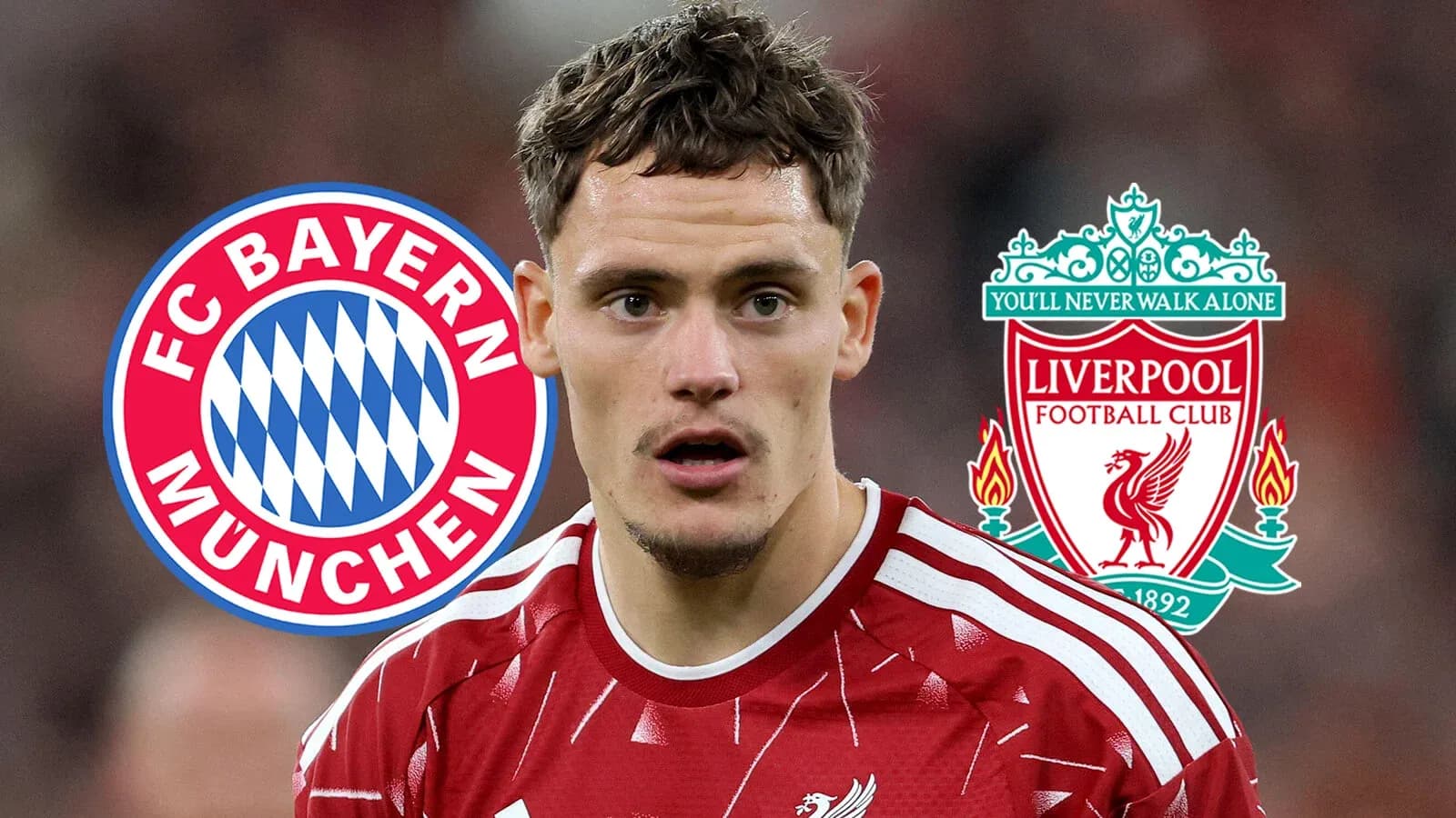 Futbolçu FC Bayern München və Liverpool emblemləri ilə Futbolçu FC Bayern München və Liverpool emblemləri ilə