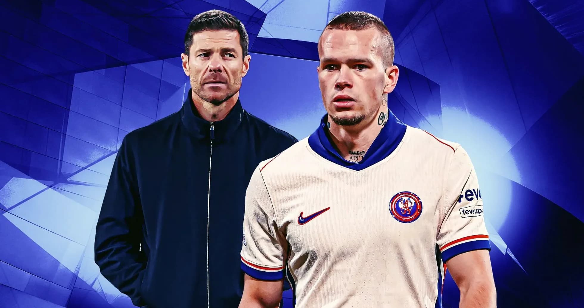 Coach and player in team uniform on blue background Coach and player in team uniform on blue background