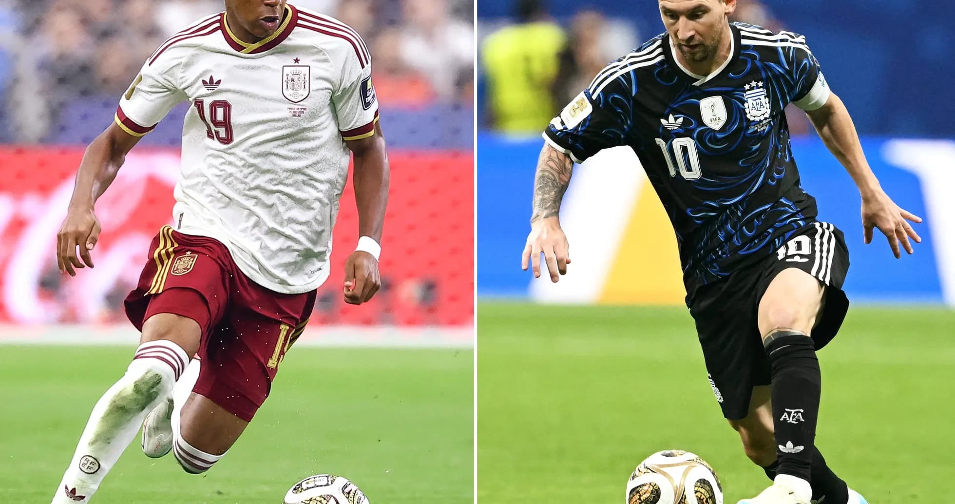 İspaniya və Argentina futbolçuları topa doğru hərəkət edir İspaniya və Argentina futbolçuları topa doğru hərəkət edir