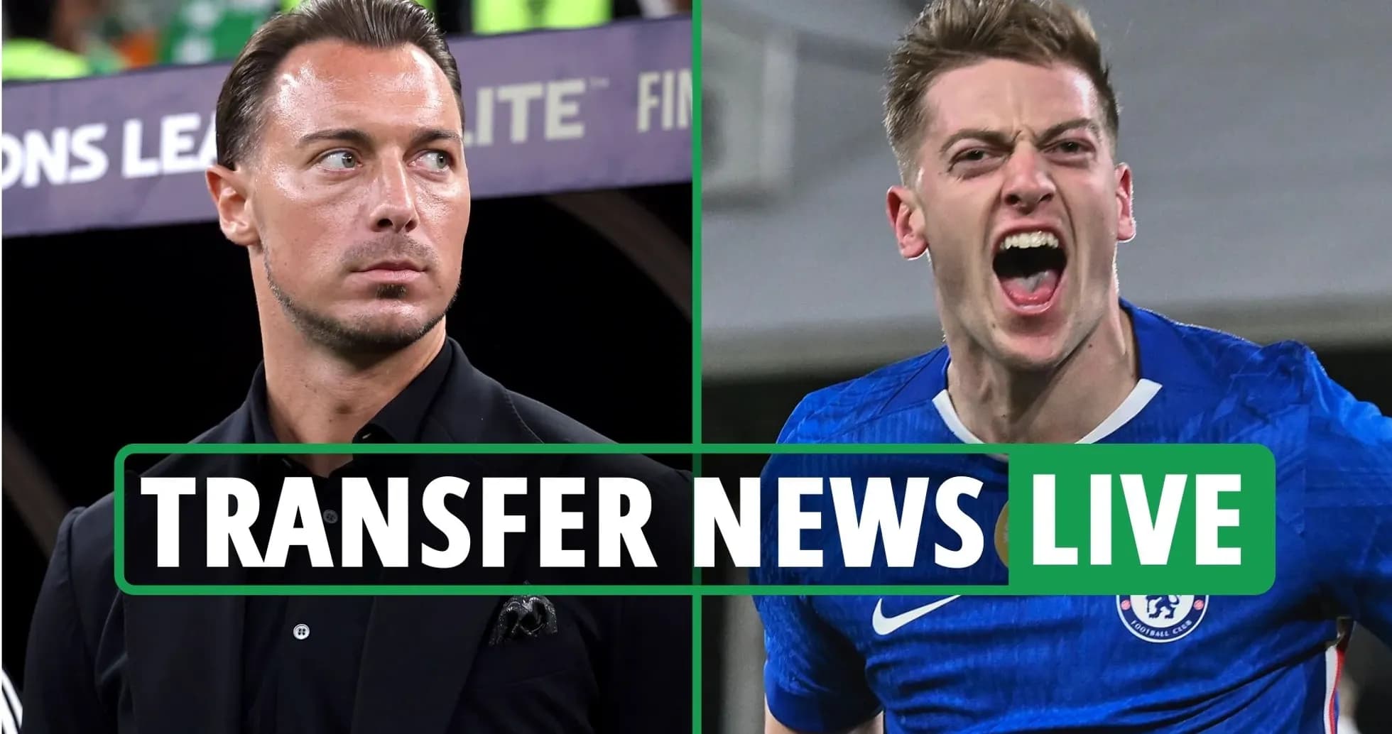 Football transfer news graphic featuring two players Football transfer news graphic featuring two players