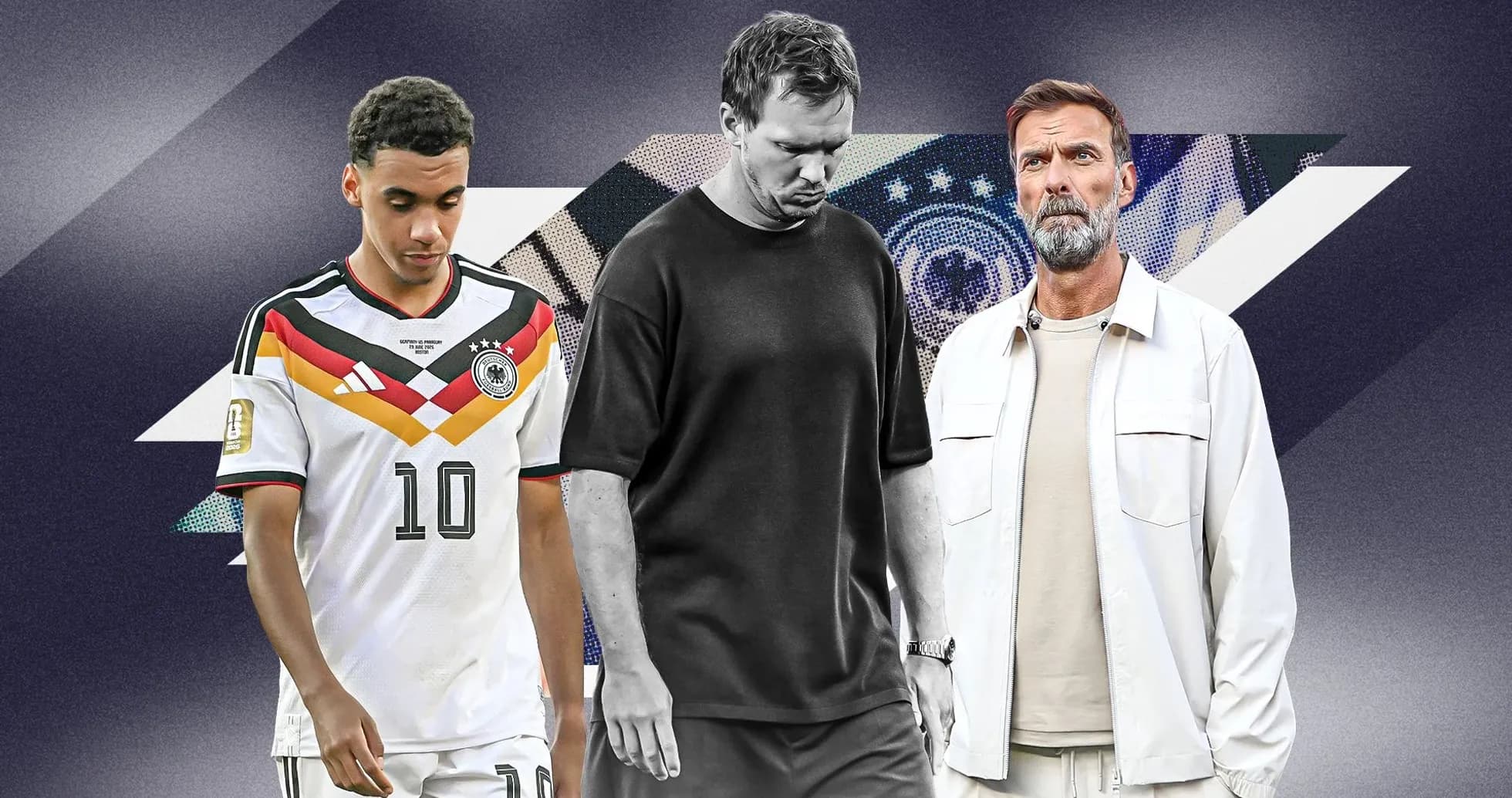 Three individuals in football jerseys and casual wear Three individuals in football jerseys and casual wear