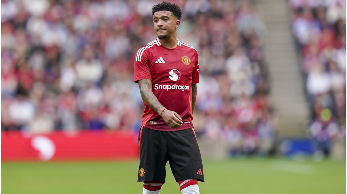 Jadon Sancho wearing Manchester United kit during match Jadon Sancho wearing Manchester United kit during match