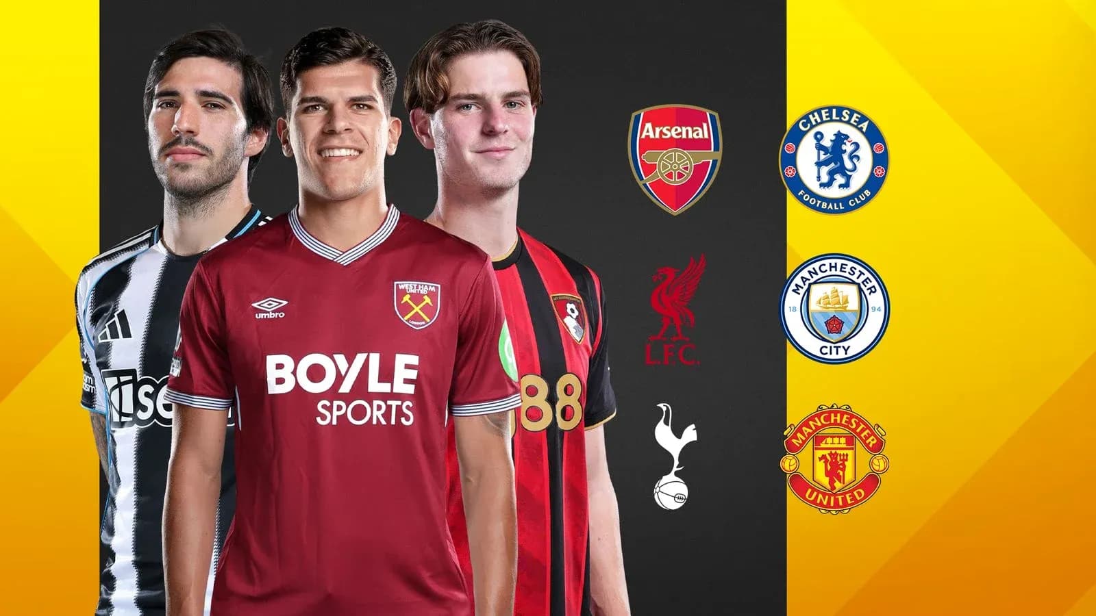 Three football players wearing club jerseys with logos Three football players wearing club jerseys with logos