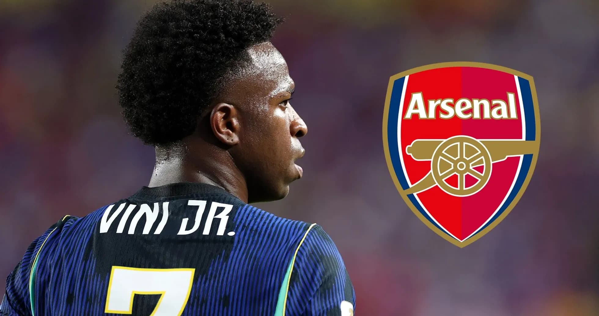 Futbolçu Vini Jr. Arsenal logosu arxasında Futbolçu Vini Jr. Arsenal logosu arxasında